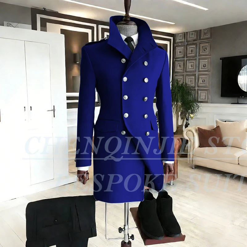 Casual Men's Suits 2 Piece Jacket Pants Grey Double Breasted Stand Lapel Luxury Blazer