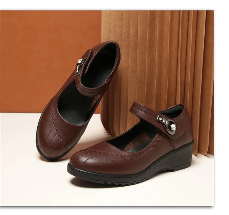 Women's Wedge Anti-slip  Ankle Strap Casual Office Comfortable Soft Leather Shallow Mouth Mom Shoes  Middle-aged Elderly