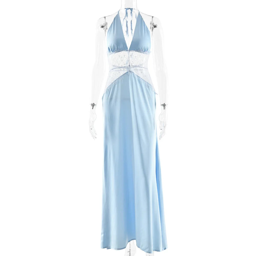 Sexy Deep V-neck Backless Lace Patchwork Satin Dresses for Women 2026 Summer Halter Sleeveless Long Maxi Party Evening Dress