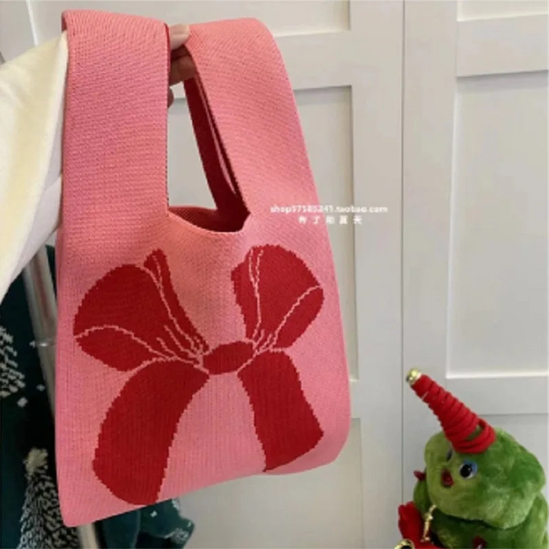 Women'S Knot Wrist Tote Bags Handmade Knitted Bag Portable Mini Striped Bucket Phone Bags Large Capacity Spring Summer Handbags