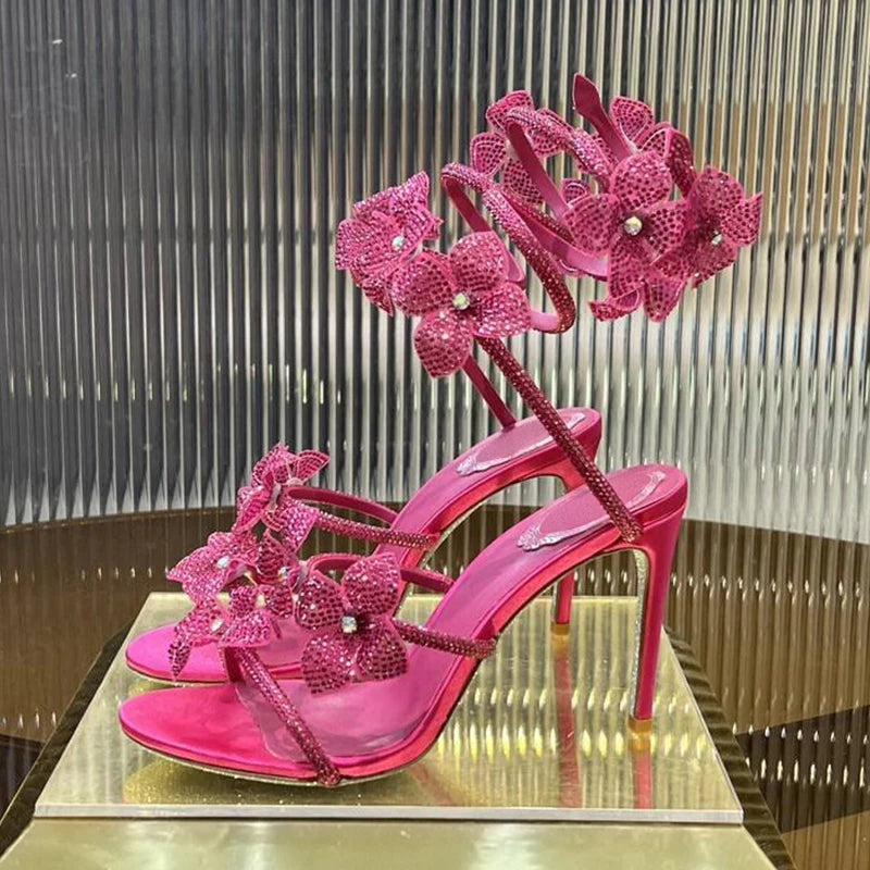 Sandalias Women Rhinestone Flower Decor Dress Shoes Snake Shaped Elastic Strap Thin High Heels Sandals Summer Bridesmaid Shoes
