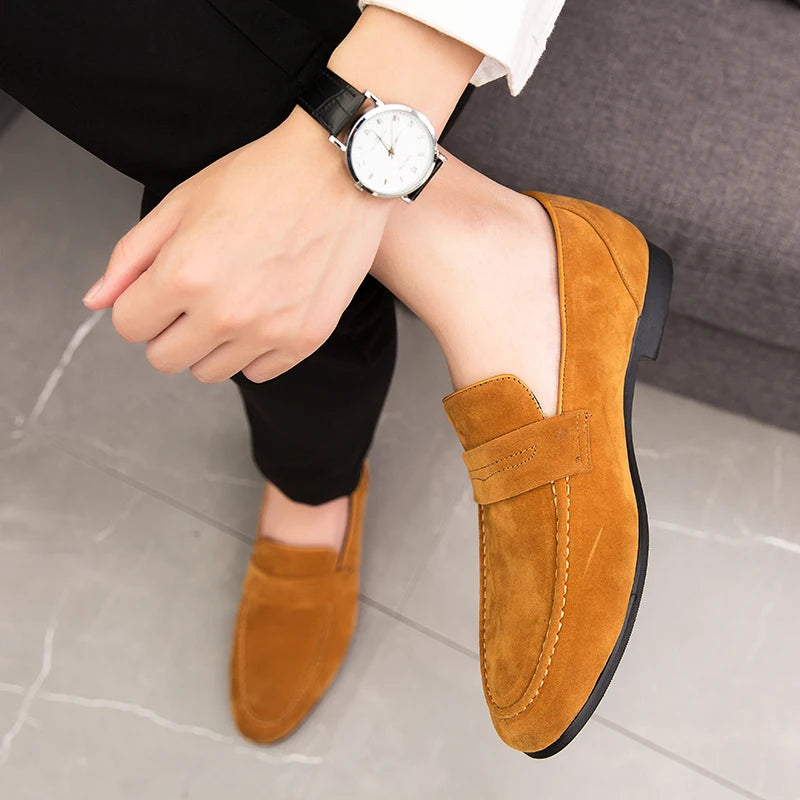 Men Dress Shoes Loafers Suede Pointed Toe Low Heel Fashion Business Casual Breathable Wedding Daily Dress Shoes Zapatos Hombre