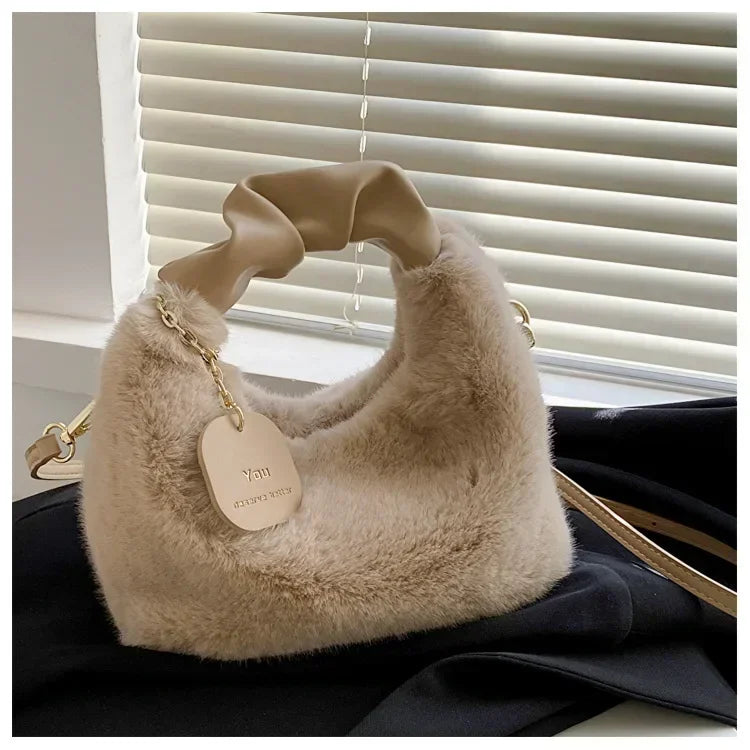 Women Faux Fur Plush Handbags Ruched Handle Small Lady Shoulder Crossbody Bag Casual Tote Half-Moon Hobos Winter Bags for Women
