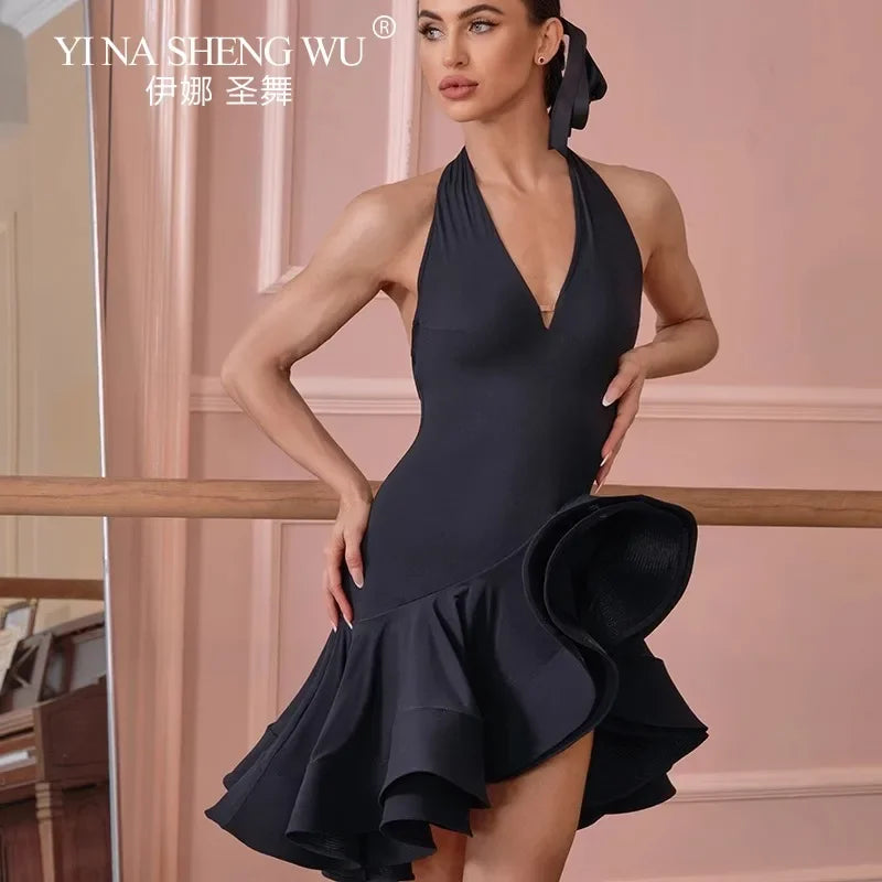 Black Latin Dance Dress Women's Sexy Sleeveless Hanging Neck Dress Professional Latin Dance Match Burgundy Dress
