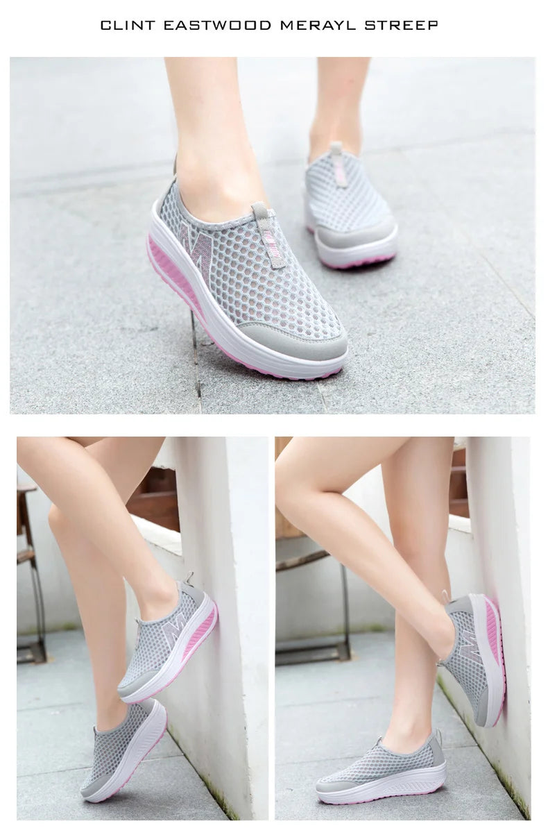 Women Mesh Flat Shoes Sneakers Women Swing Wedge Hollowed Out Slip-on Shoes Women Platform Breathable Lightweigt Vulcanization