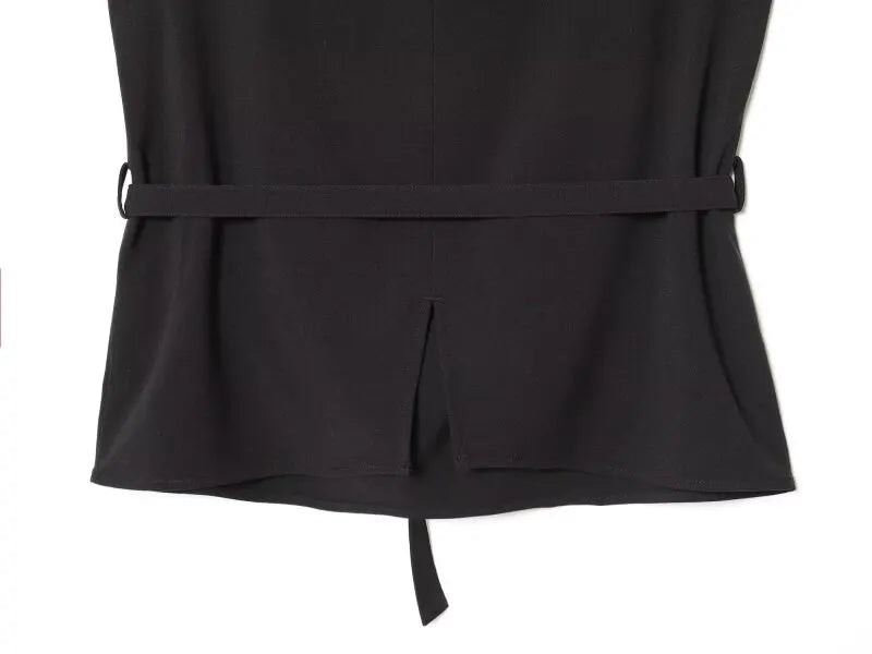 Elegant Black Sleeveless Blouse for Women with Belt Summer Casual Tank Top Back Zipper Work Office Wear Casual Daily Outfits Top