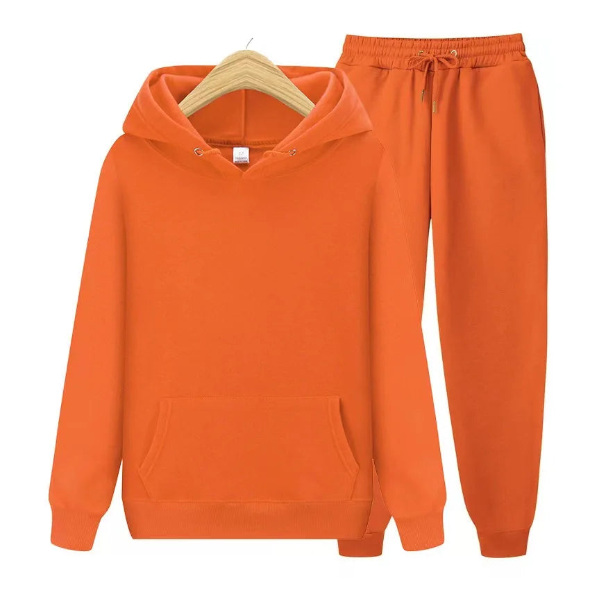 New Men Women Tracksuit Hoodies Casual Solid Color Thick Pullover and Long Pant 2-piece Set Men Autumn Fleece Jogger Sports Suit
