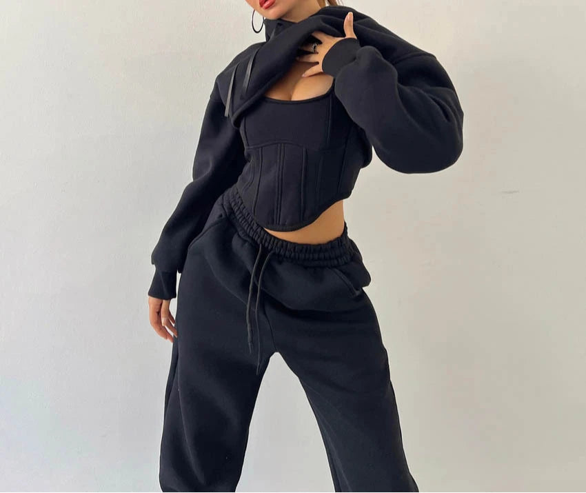 Sweat Suit Set Women Hoodies Three 3 Pieces Outfit Pants Sets Casual Loose Winter Warm Tracksuits 2 Two Pieces Solid Sportswear