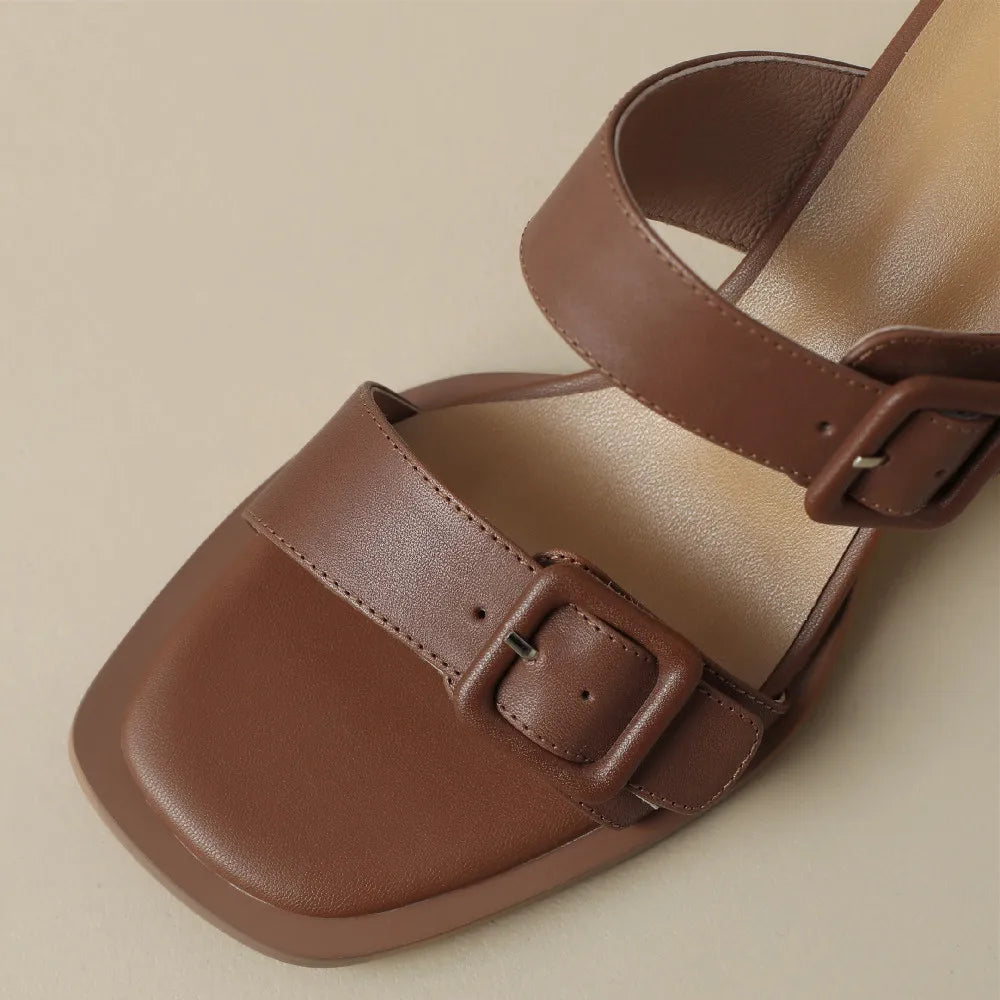 Women's sandals summer 2023 cow leather double metal belt 5.5cm thick med heel slip-on slippers elegant ladies slim daily pumps