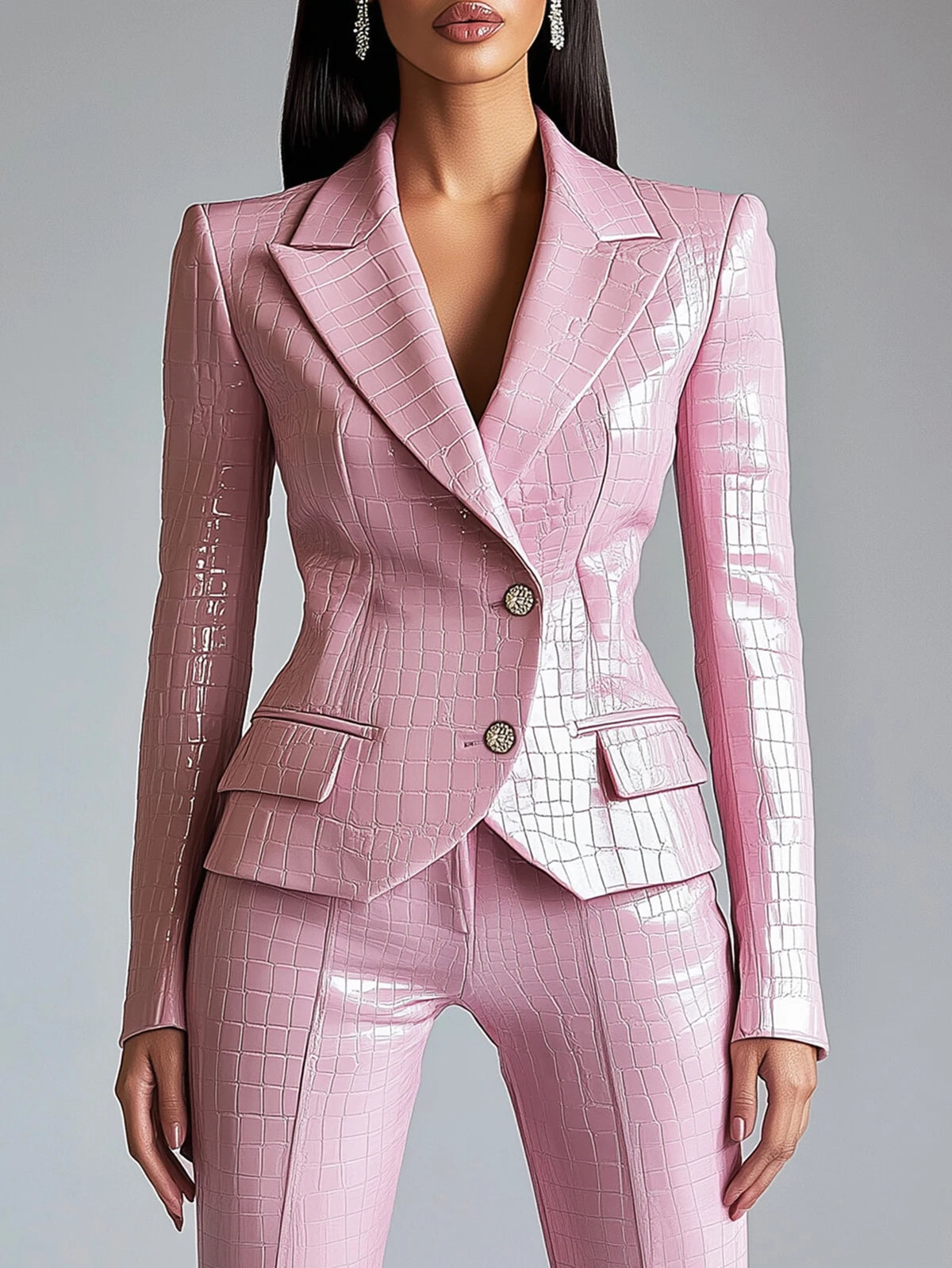 Women Luxurious Alligator Pattern Pu Leather Suit Blazer Pink Single-Breasted Lapel Long Sleeve Slim High Street Business Jacket