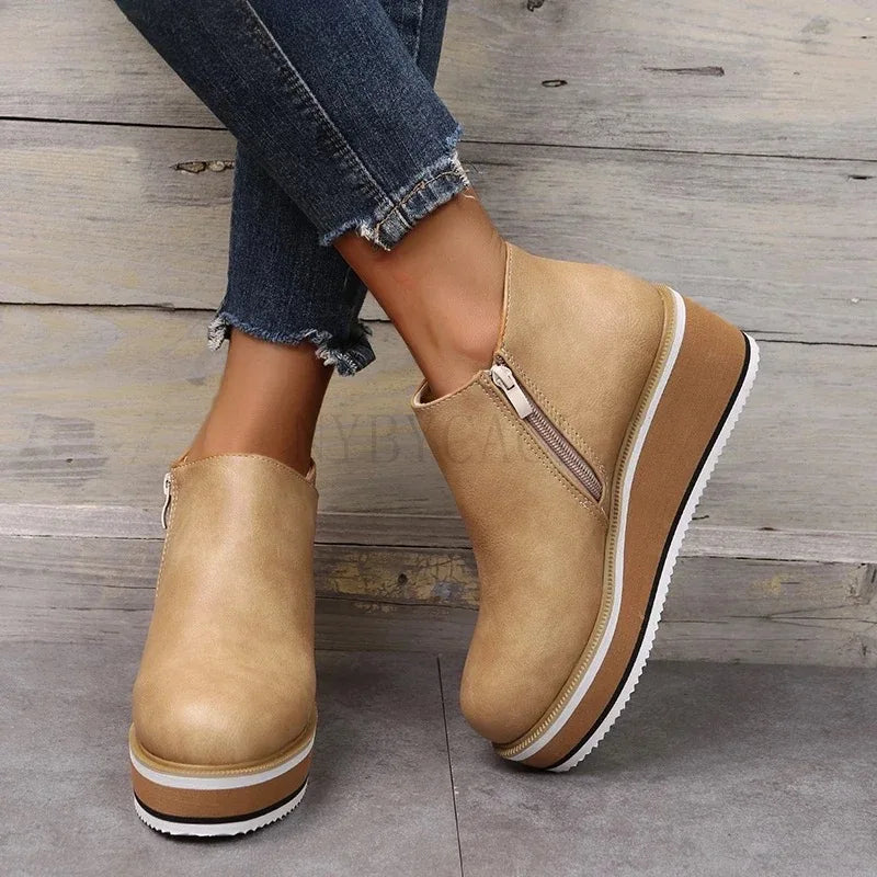 2025 New Women's Boots Designer Wedge Platform Boot Fashion Zipper Ankle Boots for Women Pu Leather Casual Boots Botas De Mujer