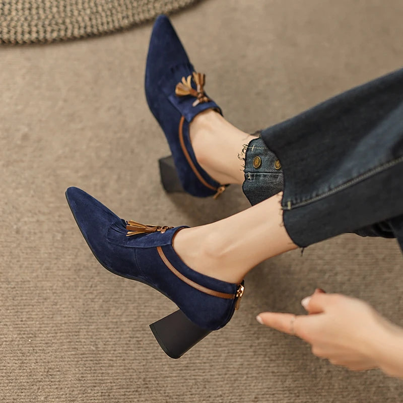 2025 Spring Women Shoes Pointed Toe Chunky Heel Women Pumps Sheep Suede High Heels Belt Buckle Shoes for Women zapatos de mujer