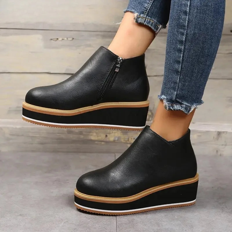 2025 New Women's Boots Designer Wedge Platform Boot Fashion Zipper Ankle Boots for Women Pu Leather Casual Boots Botas De Mujer