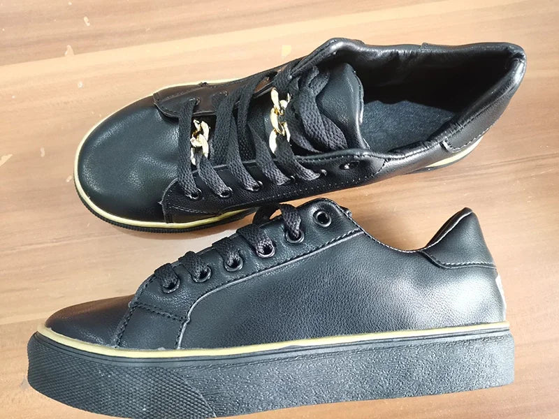 Women's Sneakers 2023 New Fashion Chain Leather Comfortable Round Toe Platform Sneakers Lace-up Walking Women's Vulcanized Shoes