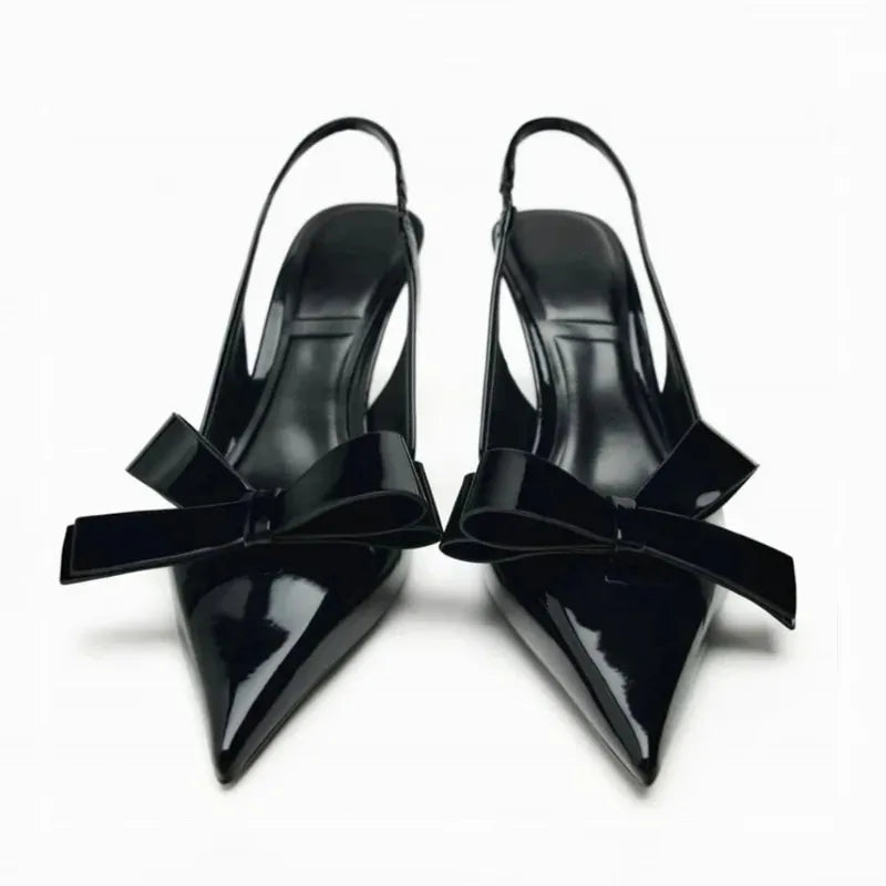 2025 Summer High Heel Sandals for Lady Pointed Toe Sexy Fashion Black Stilettos Bow Decoration Brand Designer Women Dress Shoes