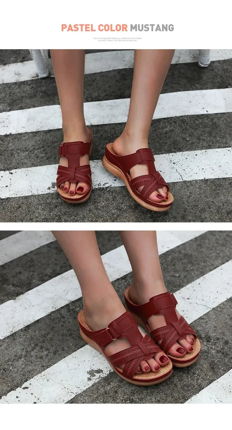 2024 Summer Women Wedge Sandals Premium Orthopedic Open Toe Sandals Vintage Anti-slip Leather Casual Female Platform Retro Shoes