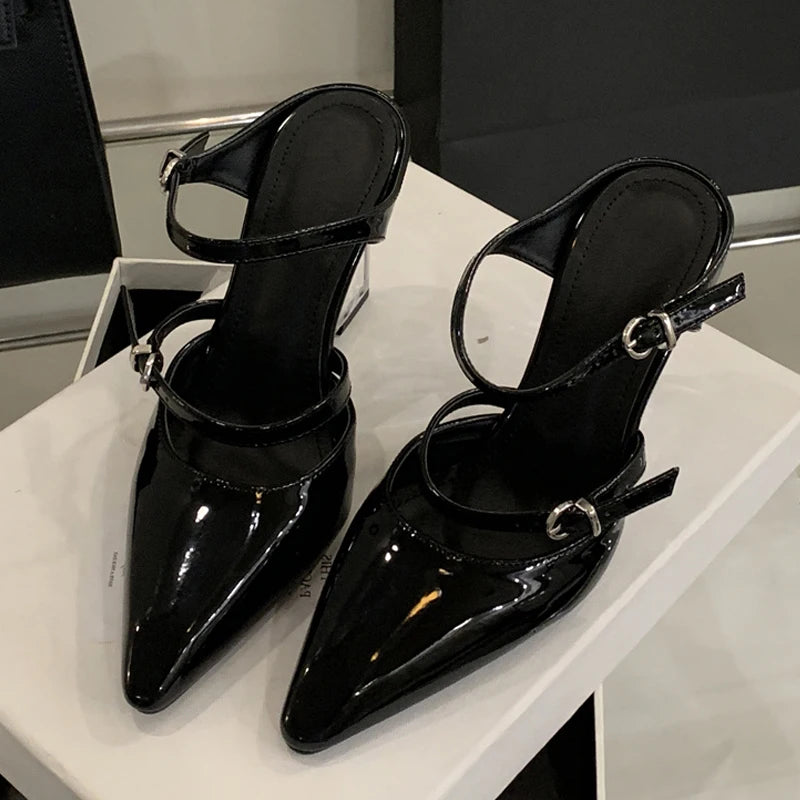 Liyke New Fashion Transparent Wedge Slippers Women Pumps Patent Leather Pointed Toe Buckle Strap Designer High Heels Mules Shoes