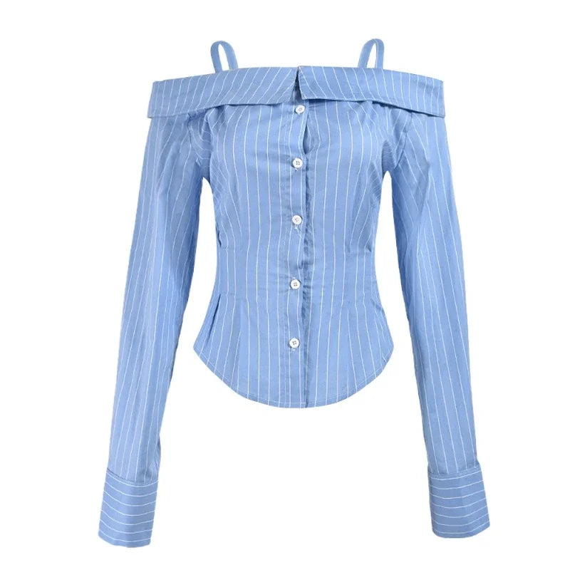 European and American Style Lady's Casual Blouse with Long Sleeves, Revealing Shoulders, Unique Design, Women's Shirt