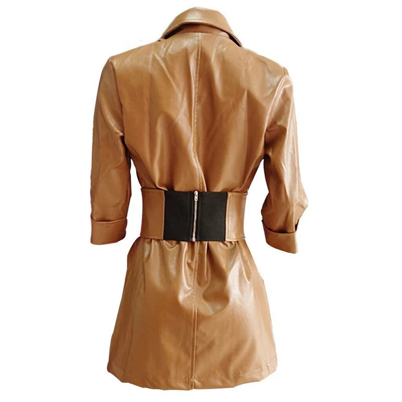 Elegant Leather Women's Dress Sexy V Neck Leather Mid Length PU Leather Waist Closure Dresses Trend Turn Down Dress With Belt