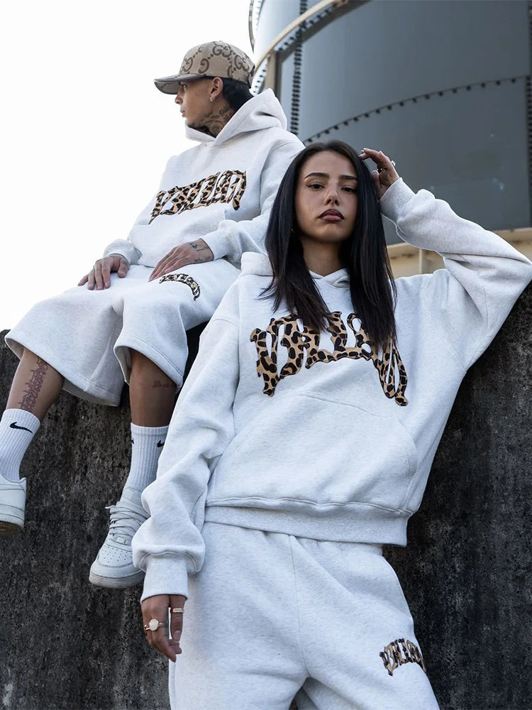 2025 New Tracksuit Men Clothing Y2K Vintage Embroidered Leopard Print Street Casual Hoodie Trendy Double Waist Unisex Sweatpants