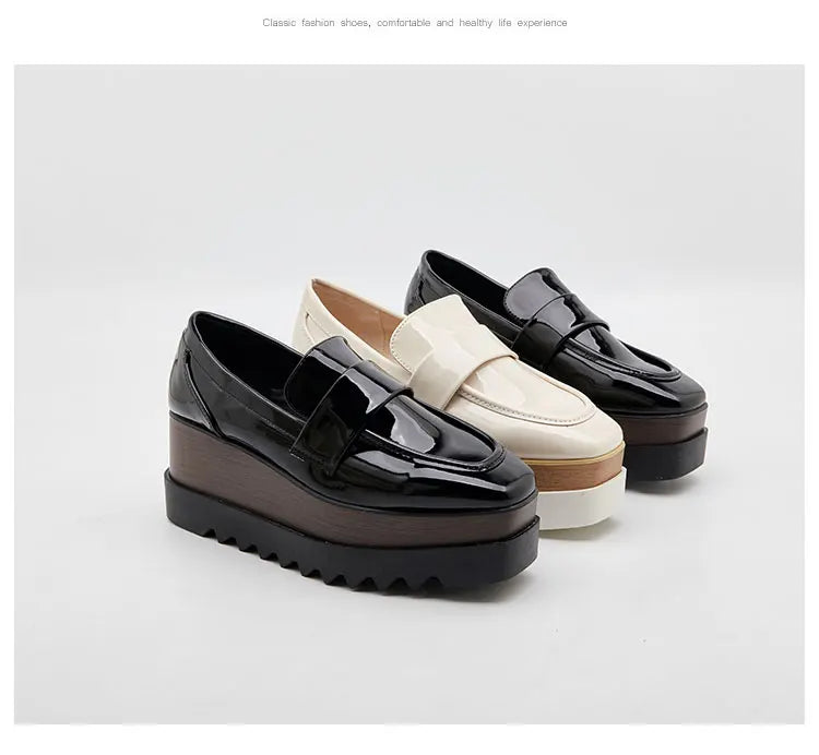8cm Heeled Platform Wedges Shoes Womens High Heels Casual Lazy Shoes Square Toe Wedge Creepers Pumps Damen Black