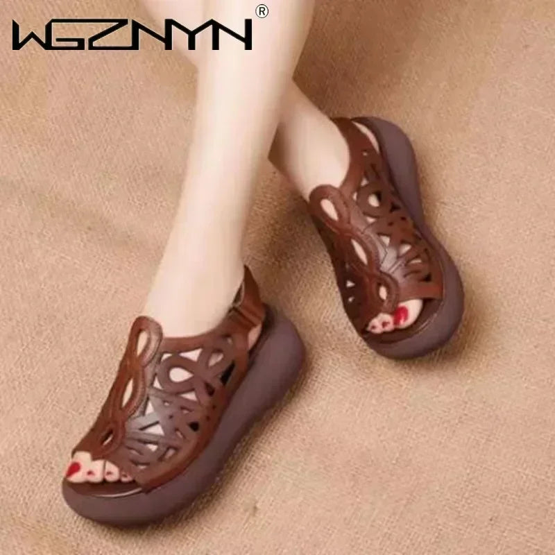 Designer Women Sandals Soft Leather Wedges Shoes for Women Summer Retro Sandals Luxury Casual Shoes Female Heels Wedge Sandalias