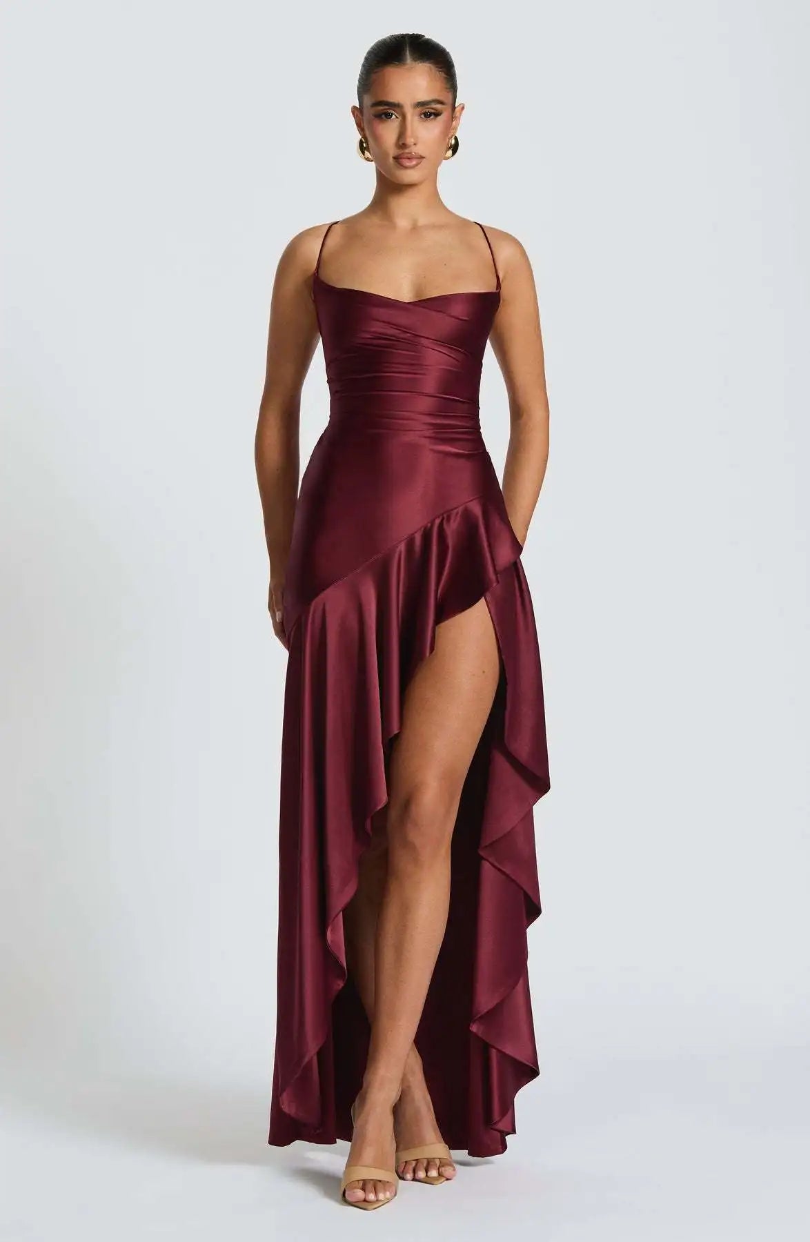 Summer Dresses For Woman Sexy Vestidos Slim Backless Elegant Evening Dress Slit Solid Color Spaghetti Strap Leace-up Temperament