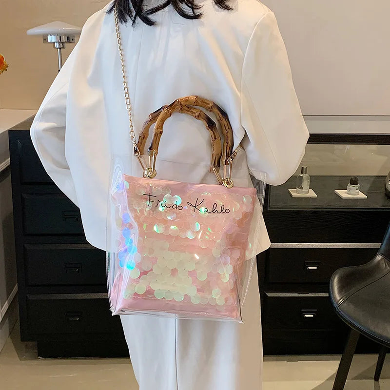 Large Capacity Women PVC Handbags High Quality Ladies Transparent Beach Tote Shoulder Messenger Bags Casual Chain Crossbody Bag