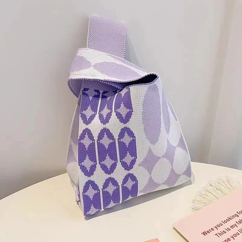 Women'S Knot Wrist Tote Bags Handmade Knitted Bag Portable Mini Striped Bucket Phone Bags Large Capacity Spring Summer Handbags