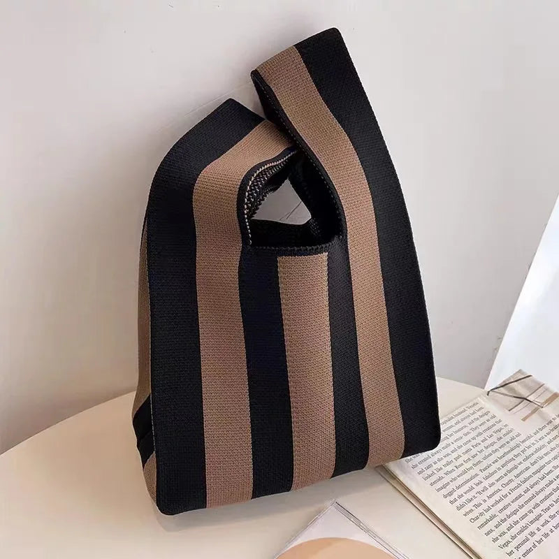 Women'S Knot Wrist Tote Bags Handmade Knitted Bag Portable Mini Striped Bucket Phone Bags Large Capacity Spring Summer Handbags