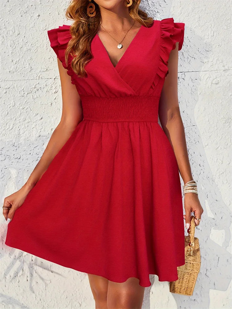 Elegant Red Mini Dresses For Women SummerCasual Slim Red Sleeveless Holiday Beach DressFashion V Neck A-line New In Dresses 2024