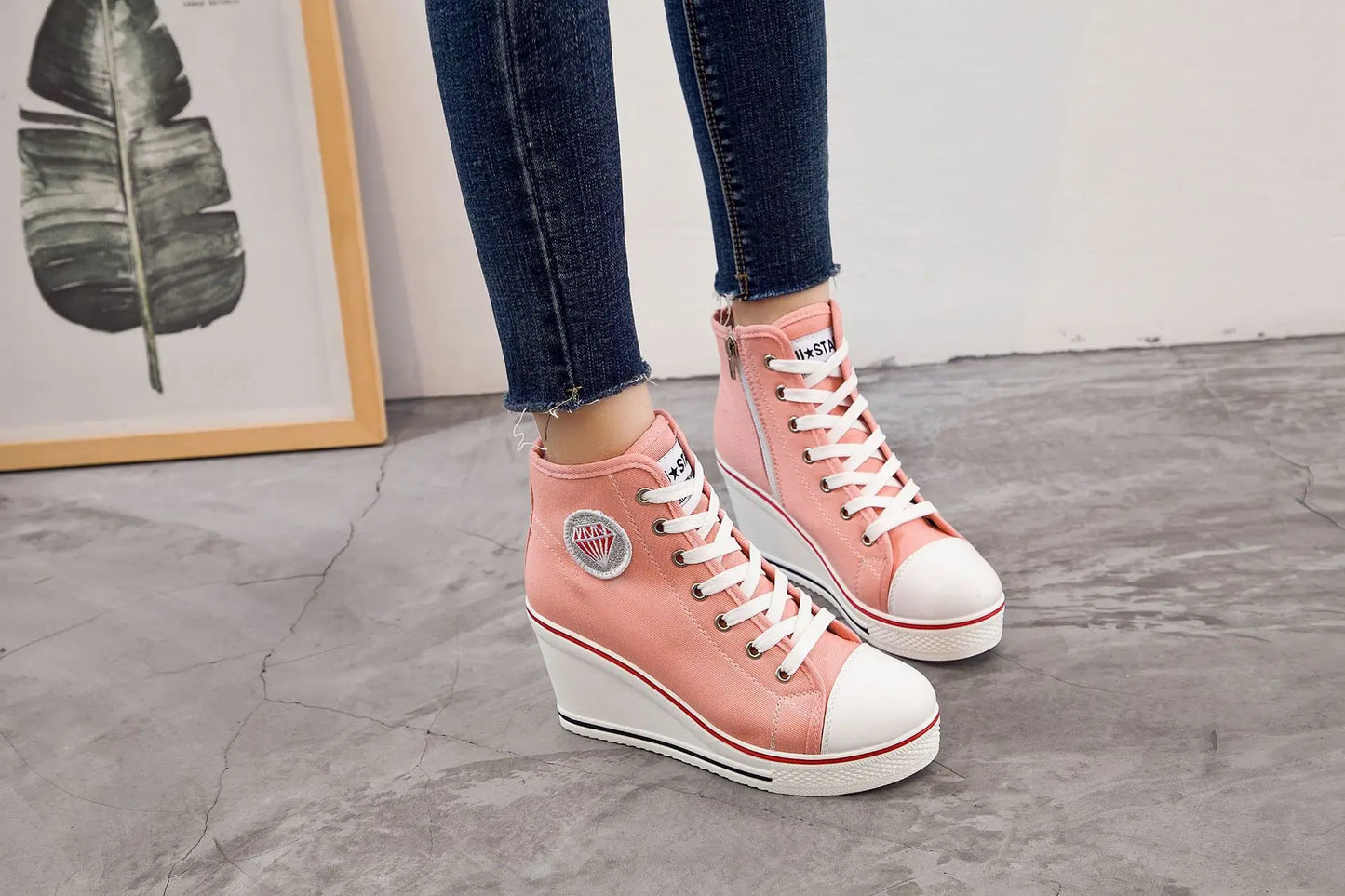 Wedge Heel Casual Shoes for Women New Canvas Shoes Side Zipper High Heel Lace Up Shoes Woman's Heightening Platform Sneakers