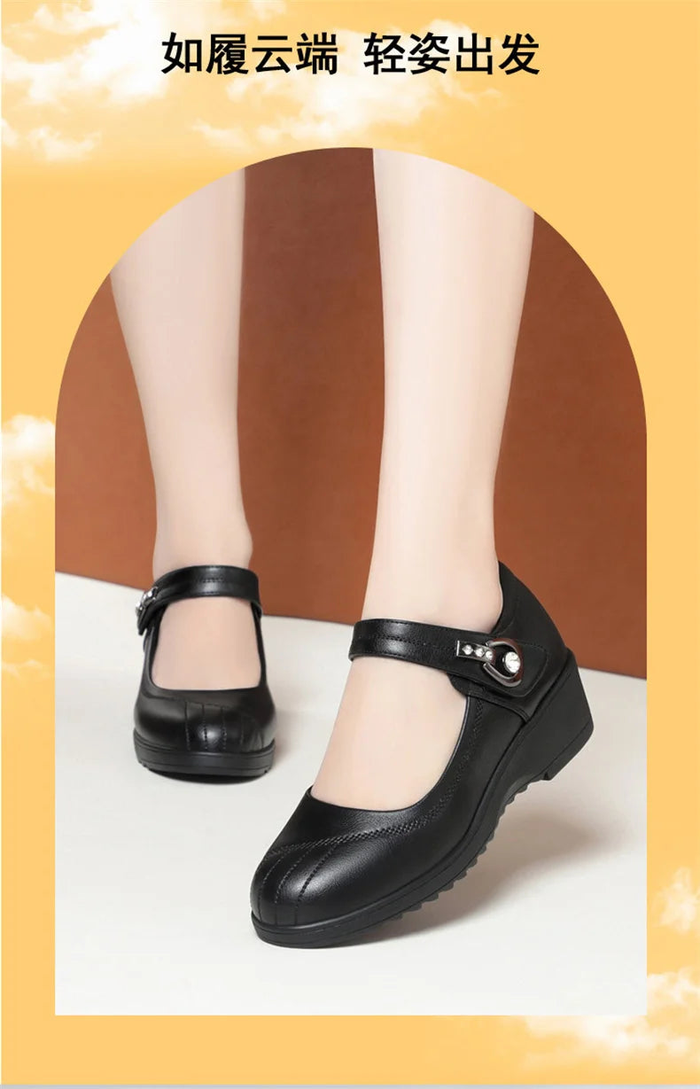 Women's Wedge Anti-slip  Ankle Strap Casual Office Comfortable Soft Leather Shallow Mouth Mom Shoes  Middle-aged Elderly