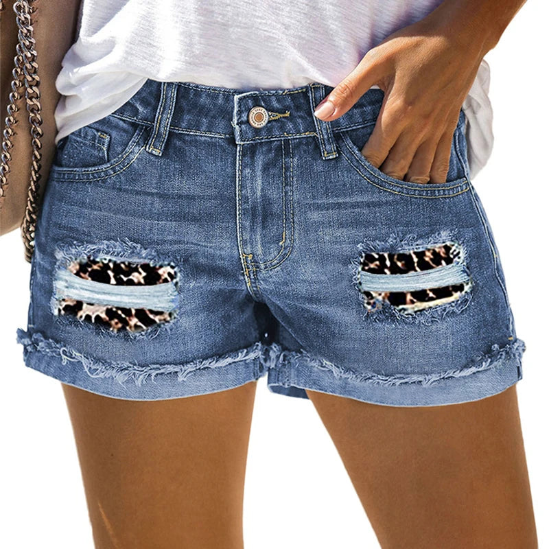 Fashion Leopard Ripped Women Jean Shorts Summer Stylish Roll Up Hem Denim Hot Pants Streetwear Raw Edge Female Super Short Pants