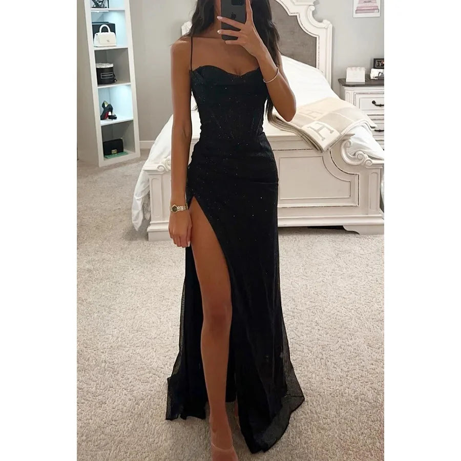 Sexy Off-shoulder Gown Dress Elegant Sequin Maxi Dresses for Evening Party Prom Slip Slim Split Long Canonicals