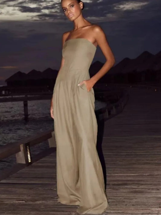 Summer Women Jumpsuit Fashion Strapless Solid Color Sleeveless Bandeau Loose Wide Legs Pants Casua Romper High Streetwear