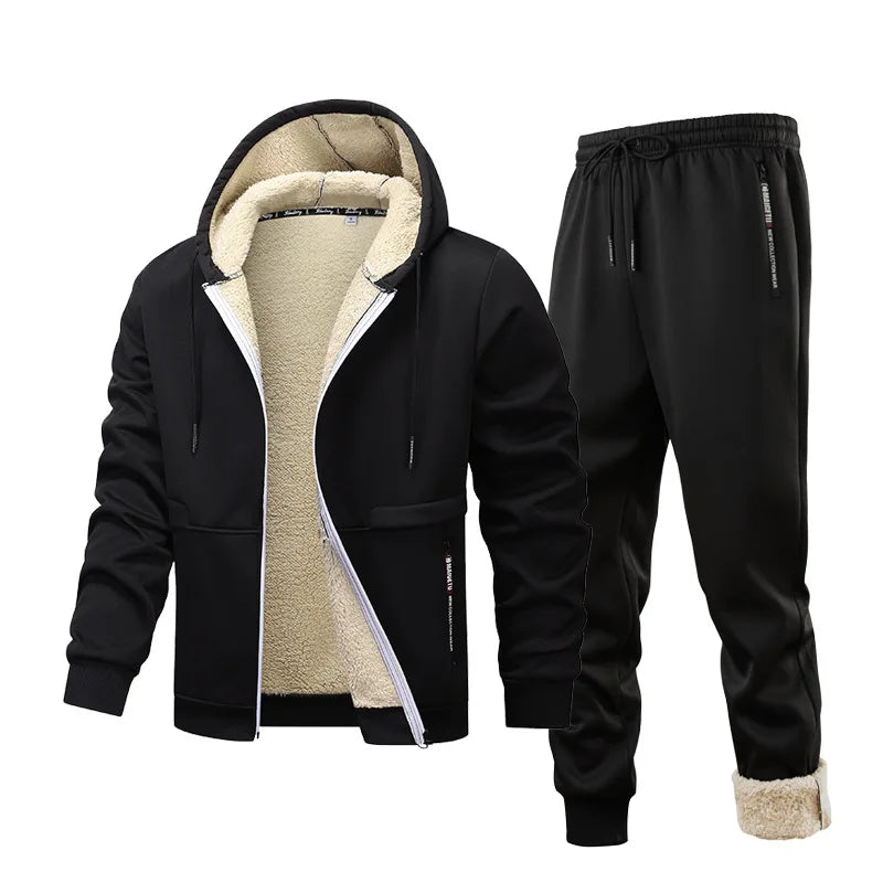 Men's Fleece Tracksuit Set Hooded Jacket + Pants Winter Warm Sherpa Lining Sports Suit Casual Outfit Eurban Style Workout Set