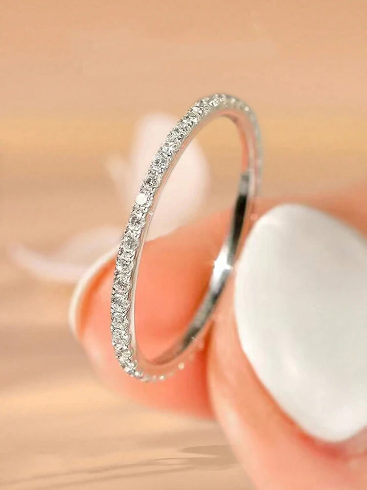 925 Sterling Silver Fashion Shiny 1.4mm Full Zircon Stackable Plain Ring For Women Daily Party Personalized Fine Jewelry