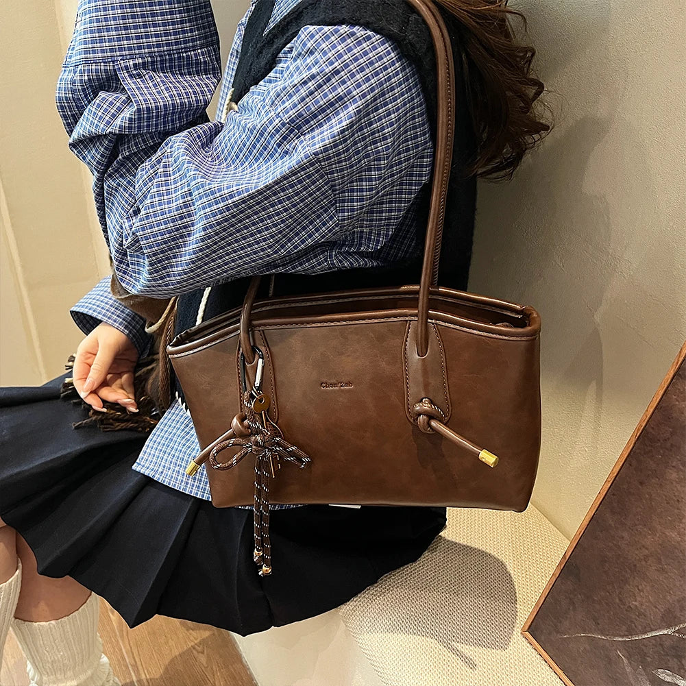 Leather Shoulder Bag for Women with Pendant Hobo Bag Shoulder Tote Handbag Stylish Tote Bag for Daily Use