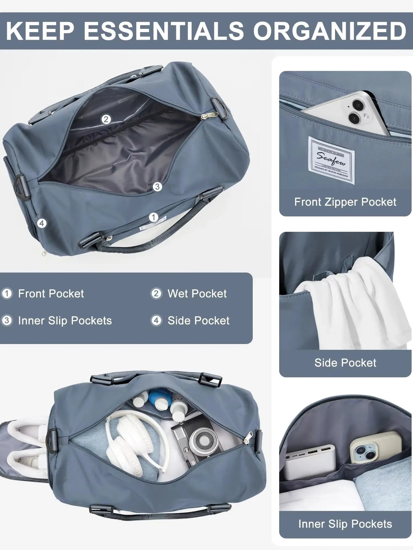 Hand Pockets Lady Weekender Bag Travel Canvas Bag, Weekend Nightlife Bag, Women Men Sports Fitness Bag，Hospital Delivery Bag