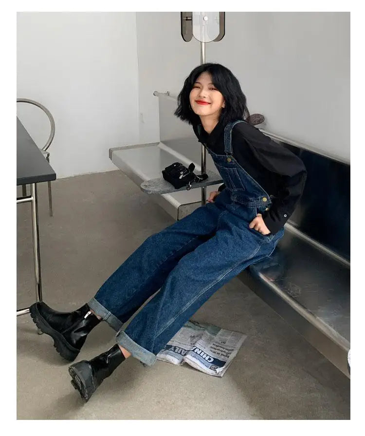 Jumpsuits Women Dark Blue Vintage Streetwear Harajuku Casual Fashion High Waist Loose Overalls Ulzzang Denim Suspenders Trousers