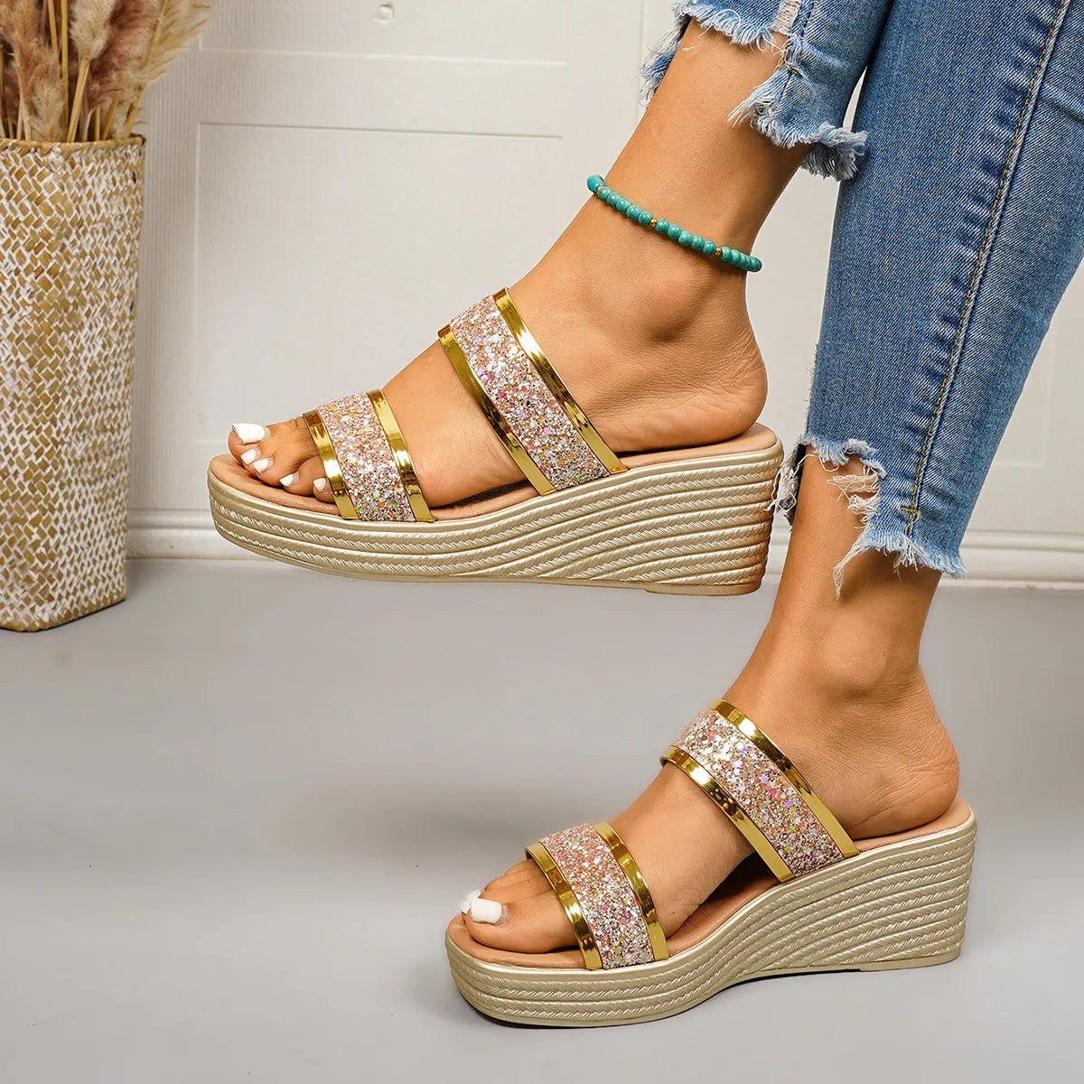 Fashion Women Wedges Sandals Luxury Platform Slippers Sexy Open Toe Women Shoes Shiny High Heels Women Shoes Sandalias De Mujer