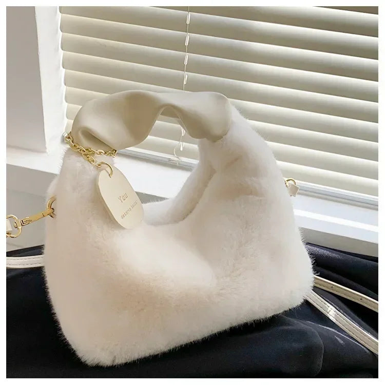 Women Faux Fur Plush Handbags Ruched Handle Small Lady Shoulder Crossbody Bag Casual Tote Half-Moon Hobos Winter Bags for Women