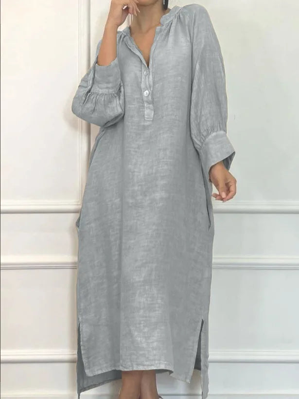 Fashion Cotton Linen Long-sleeved Loose Women's Dresses New Autumn Collection Casual Simple Pocket Elegant Female Slit Dress2025