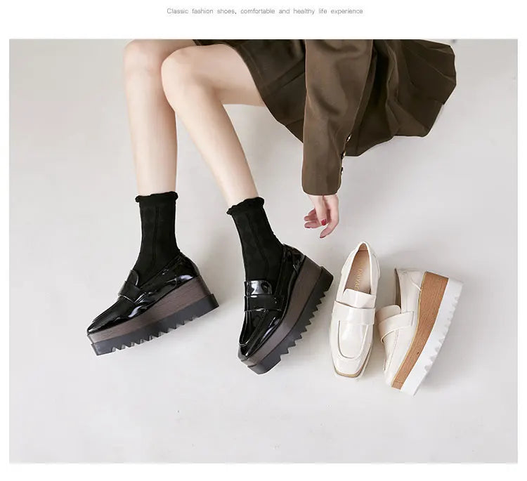 8cm Heeled Platform Wedges Shoes Womens High Heels Casual Lazy Shoes Square Toe Wedge Creepers Pumps Damen Black