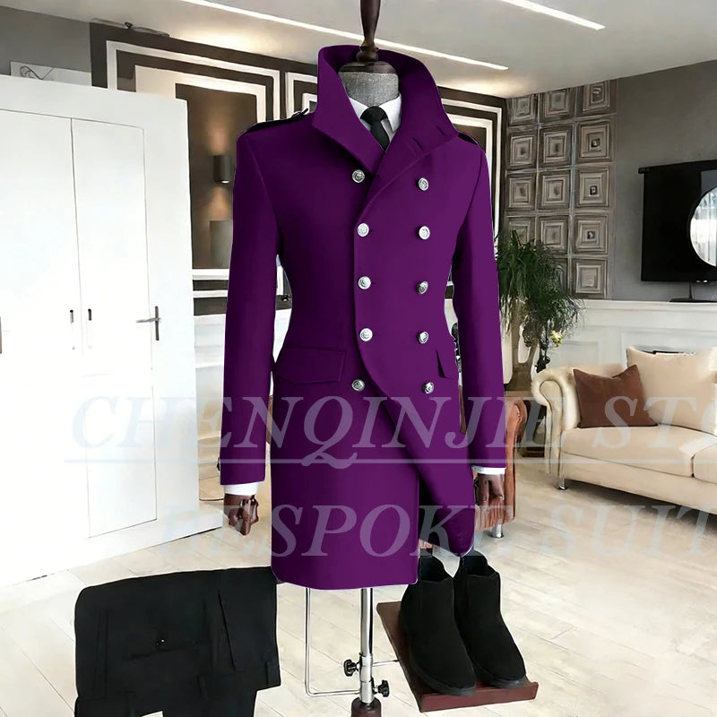 Casual Men's Suits 2 Piece Jacket Pants Grey Double Breasted Stand Lapel Luxury Blazer