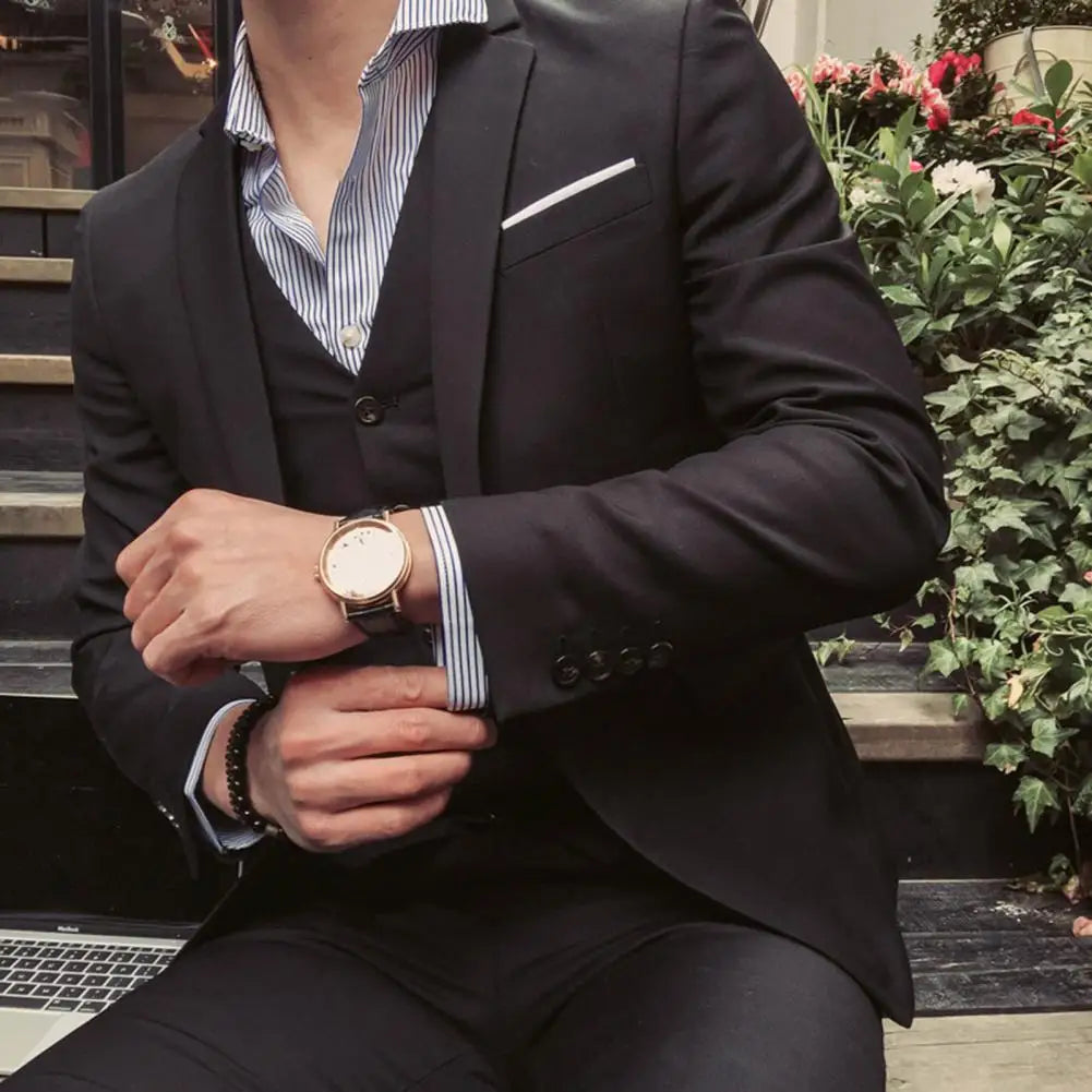 Men Three piece Suit Formal Business Suit Pants Set Solid Color Slim Fit Turn down Collar Anti wrinkle Groom Wedding Suit