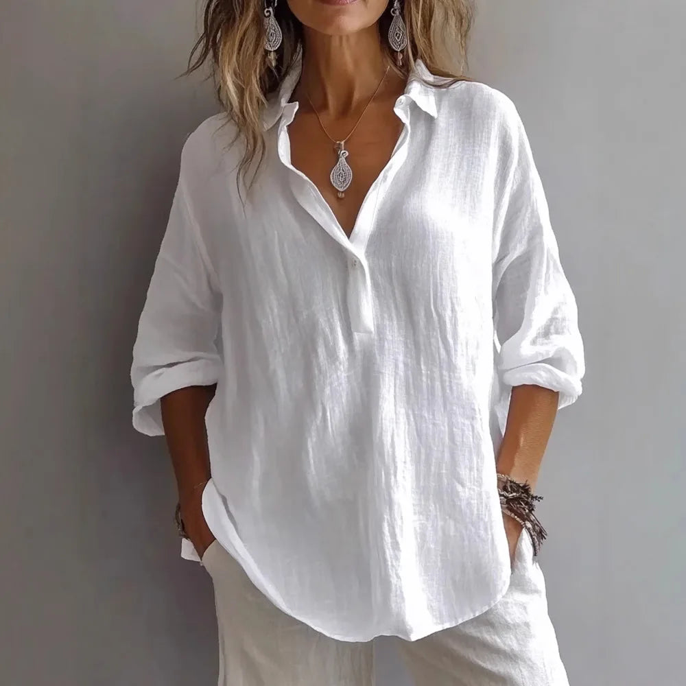 Women Cotton Linen Blouse Long Sleeve Turn Down Collar Solid Color Casual Loose Shirt Summer Breathable Office Lady Tops