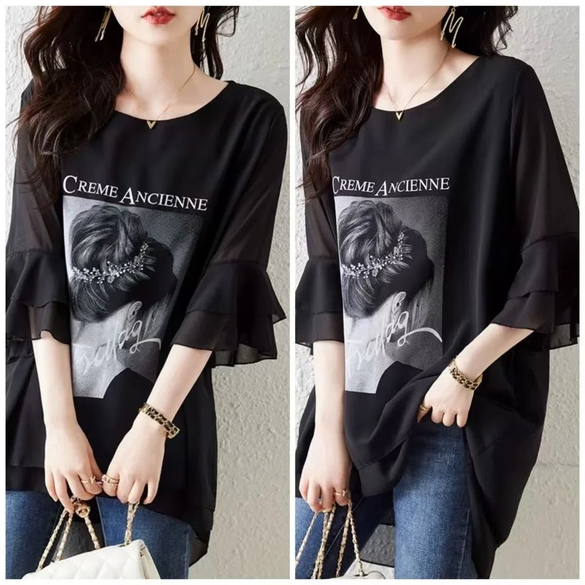 Elegant Women Blouse With Vintage Print And Ruffled Sleeves Loose Fit O Neck Top For Summer Casual Wear