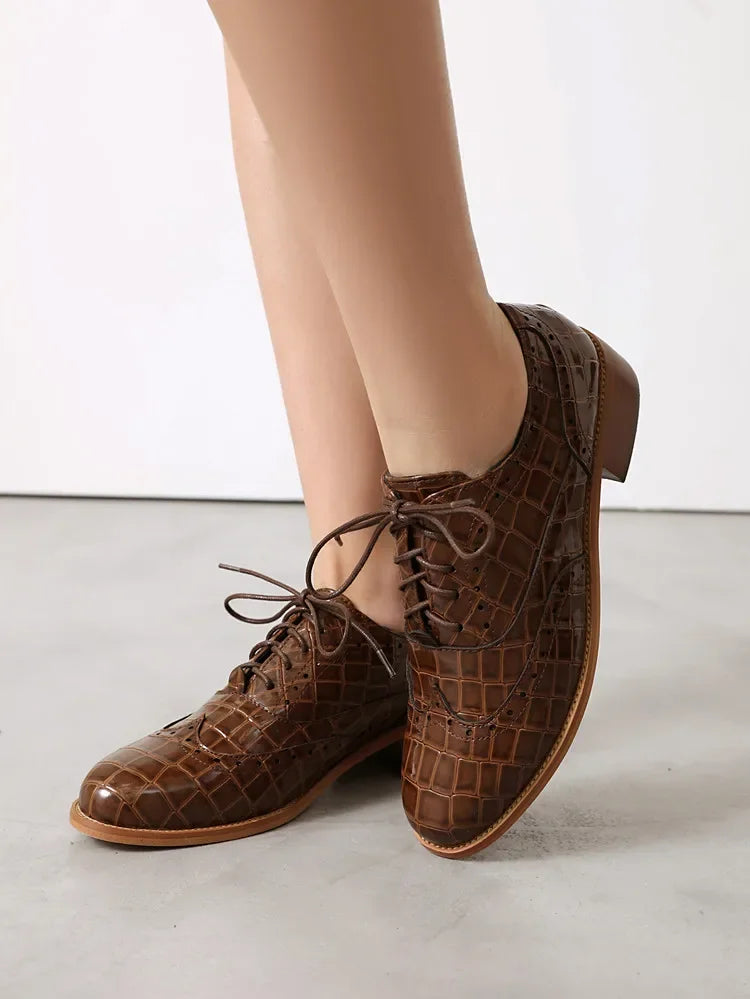 Women Shoes Spring New Fashion Round Toe Lace Up Retro Single Shoe for Office Party Walk Thick Low Heeled Big Size 48 775-1